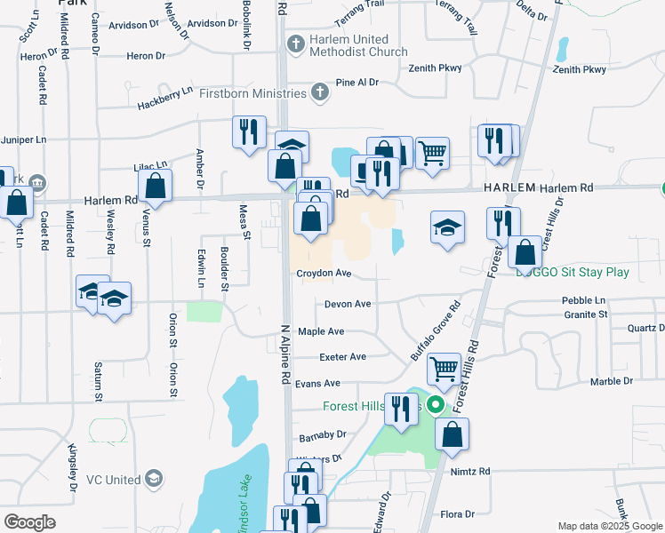 map of restaurants, bars, coffee shops, grocery stores, and more near 2108 Croydon Avenue in Loves Park