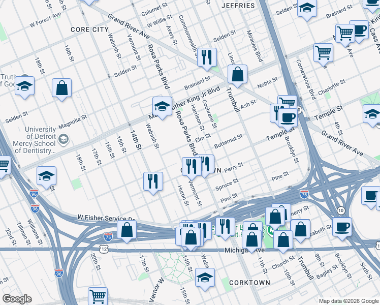map of restaurants, bars, coffee shops, grocery stores, and more near 2983 Rosa Parks Boulevard in Detroit