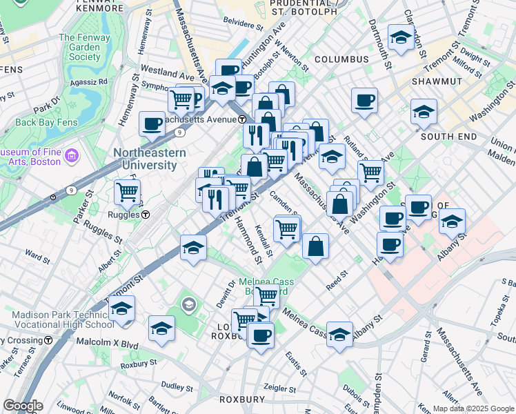 map of restaurants, bars, coffee shops, grocery stores, and more near 136 Lenox Street in Boston