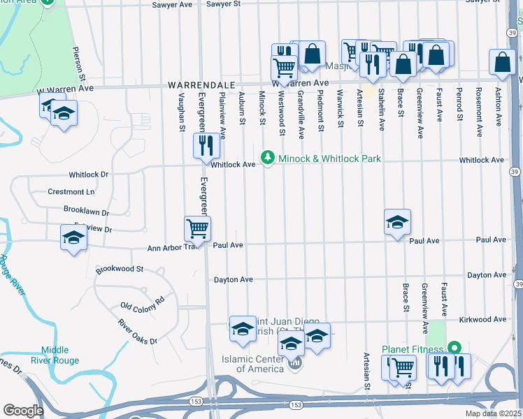 map of restaurants, bars, coffee shops, grocery stores, and more near 6409 Minock Street in Detroit