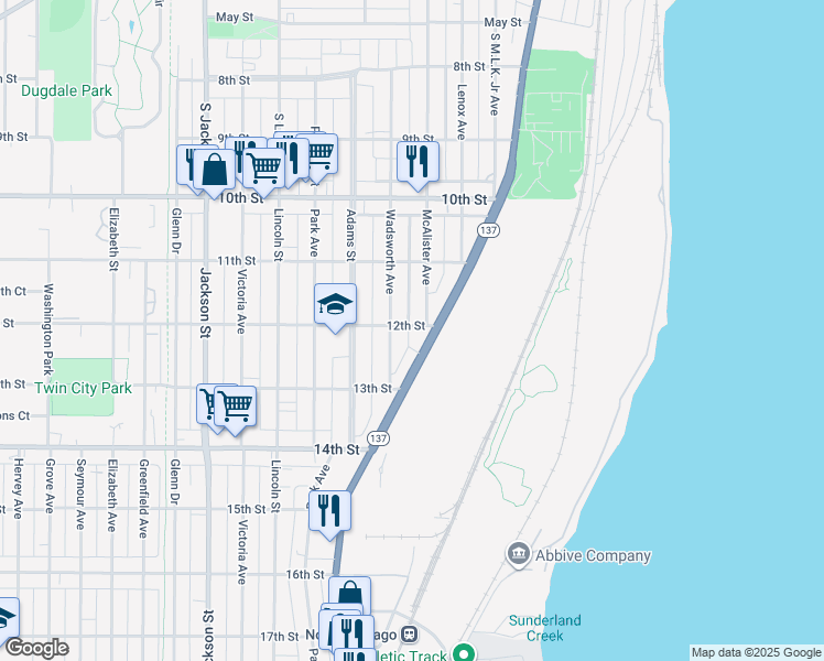 map of restaurants, bars, coffee shops, grocery stores, and more near 509 12th Street in North Chicago