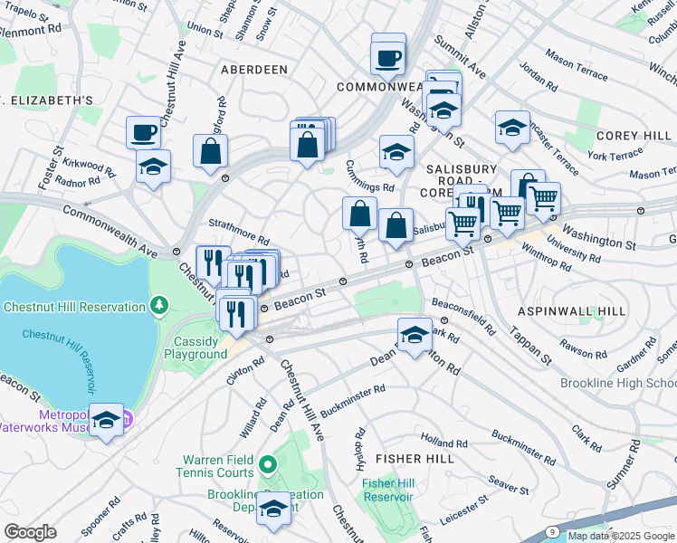 map of restaurants, bars, coffee shops, grocery stores, and more near in Brookline
