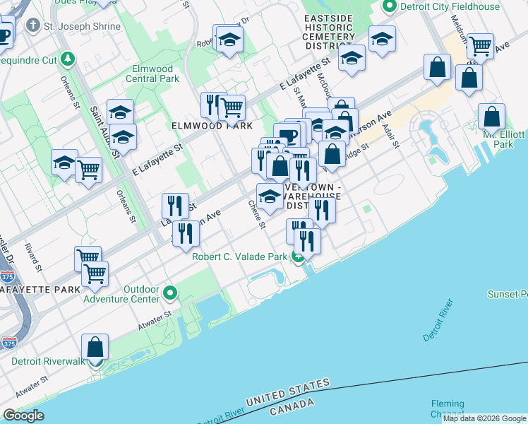 map of restaurants, bars, coffee shops, grocery stores, and more near 2629 Franklin Street in Detroit