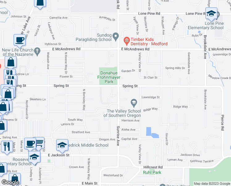 map of restaurants, bars, coffee shops, grocery stores, and more near 961 Sunrise Avenue in Medford