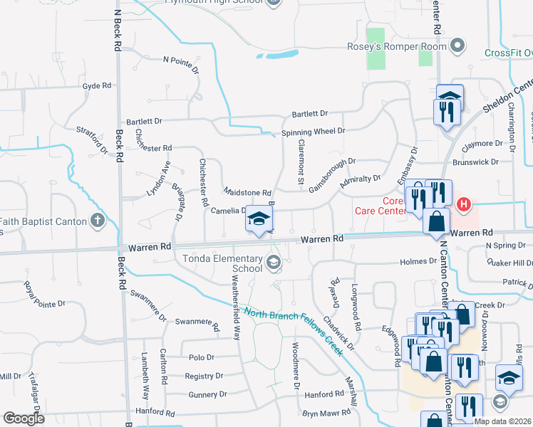 map of restaurants, bars, coffee shops, grocery stores, and more near 7309 Burgundy in Canton