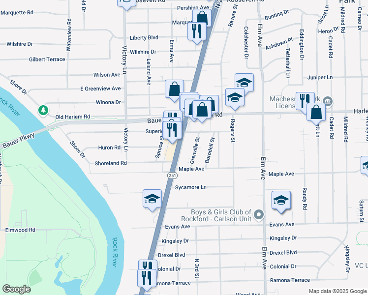 map of restaurants, bars, coffee shops, grocery stores, and more near 7811 North 2nd Street in Machesney Park