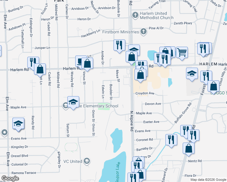 map of restaurants, bars, coffee shops, grocery stores, and more near 7725 Boulder Street in Loves Park