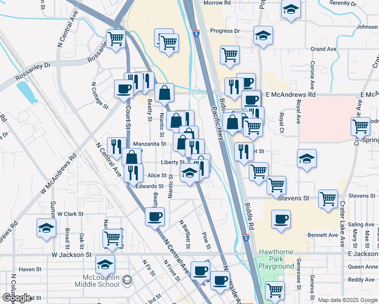 map of restaurants, bars, coffee shops, grocery stores, and more near 1116 North Riverside Avenue in Medford