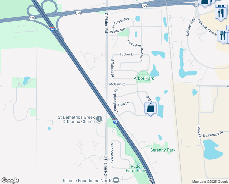 map of restaurants, bars, coffee shops, grocery stores, and more near 1234 South Candlestick Way in Waukegan