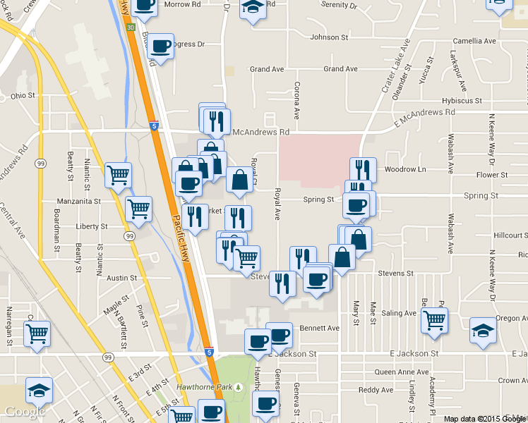 map of restaurants, bars, coffee shops, grocery stores, and more near 725 Royal Avenue in Medford