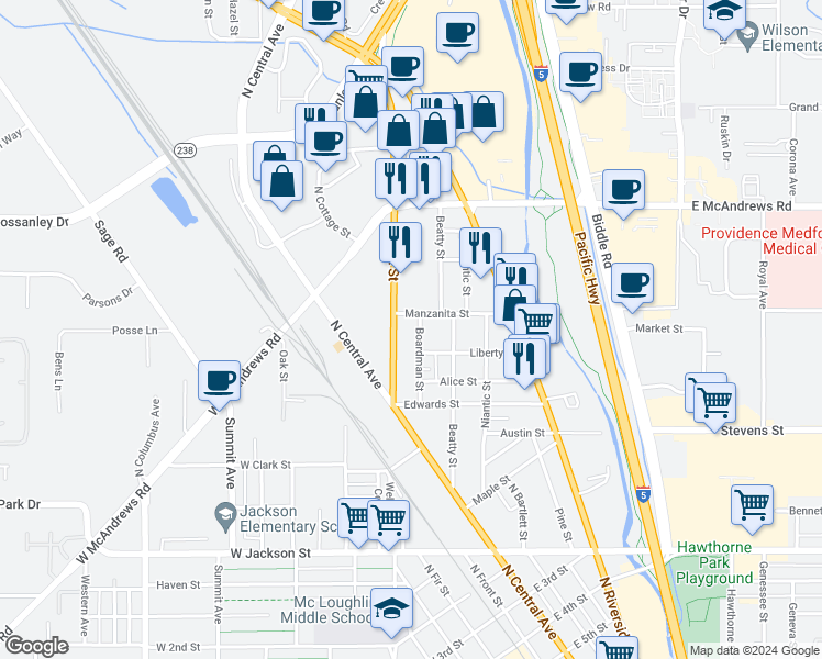 map of restaurants, bars, coffee shops, grocery stores, and more near 1062 Court Street in Medford