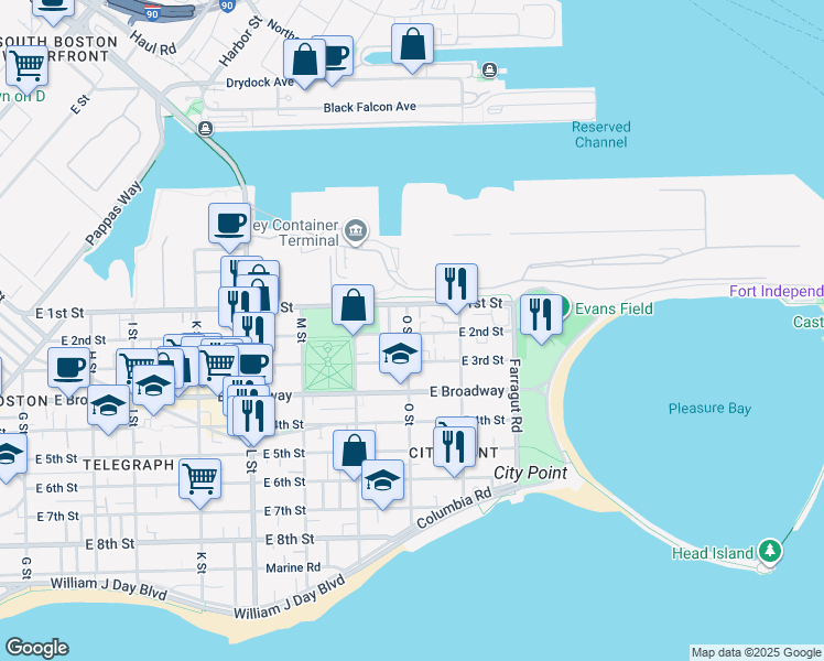 map of restaurants, bars, coffee shops, grocery stores, and more near 27 O Street in Boston