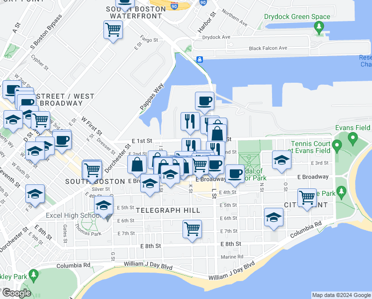 map of restaurants, bars, coffee shops, grocery stores, and more near 618 East 2nd Street in Boston