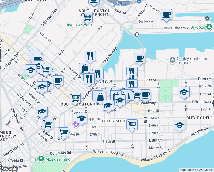 map of restaurants, bars, coffee shops, grocery stores, and more near 4 H Street in Boston