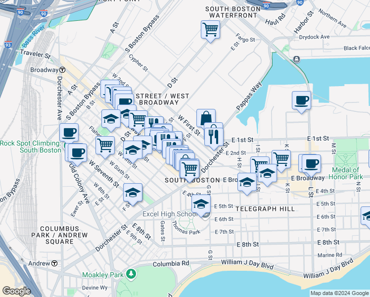 map of restaurants, bars, coffee shops, grocery stores, and more near 263 Bolton Street in Boston
