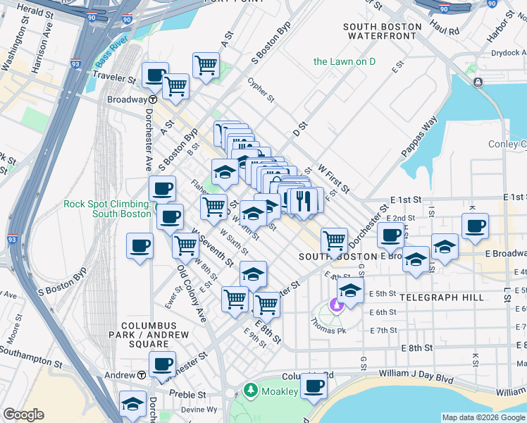 map of restaurants, bars, coffee shops, grocery stores, and more near 350 West Fourth Street in Boston