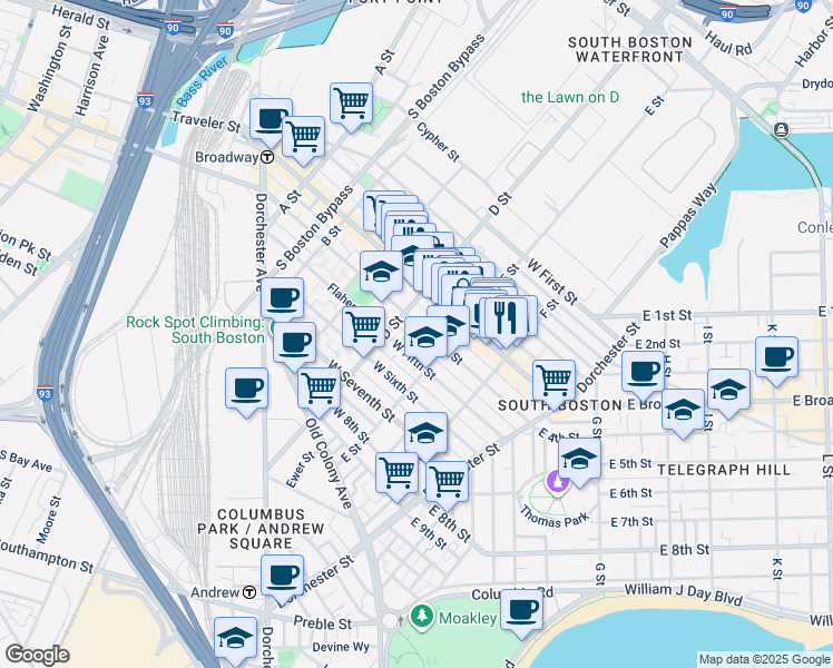 map of restaurants, bars, coffee shops, grocery stores, and more near 350 West Fourth Street in Boston