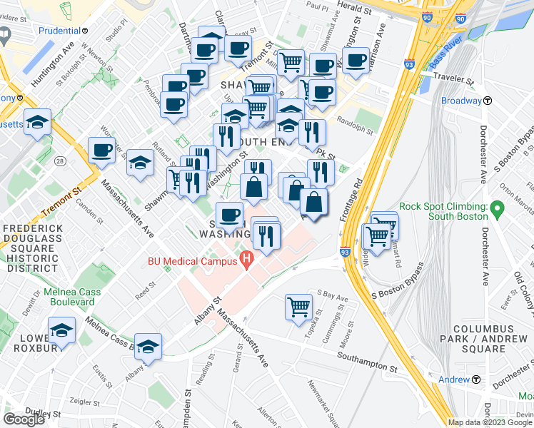 map of restaurants, bars, coffee shops, grocery stores, and more near in Boston