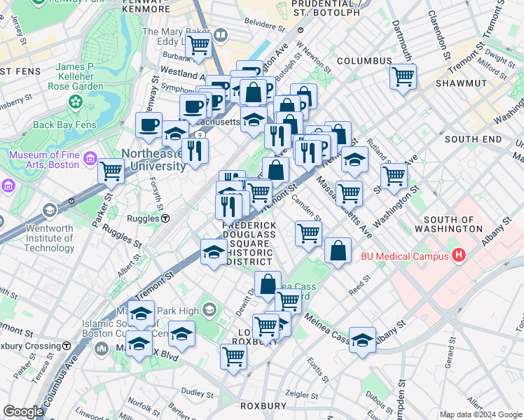 map of restaurants, bars, coffee shops, grocery stores, and more near in Boston