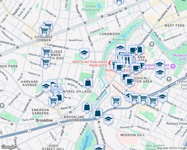 map of restaurants, bars, coffee shops, grocery stores, and more near 197 Kent Street in Brookline