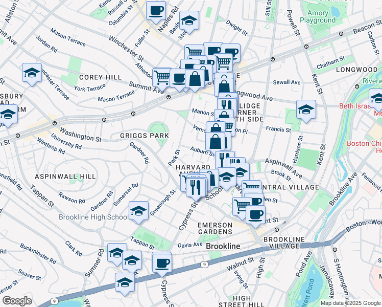 map of restaurants, bars, coffee shops, grocery stores, and more near 9 Auburn Place in Brookline