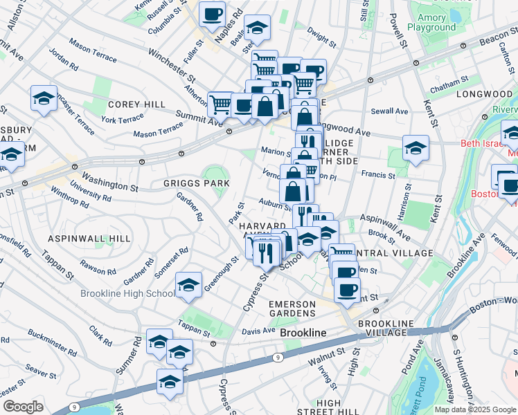 map of restaurants, bars, coffee shops, grocery stores, and more near 9 Auburn Place in Brookline