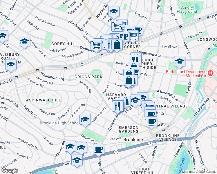 map of restaurants, bars, coffee shops, grocery stores, and more near 32 Park Street in Brookline