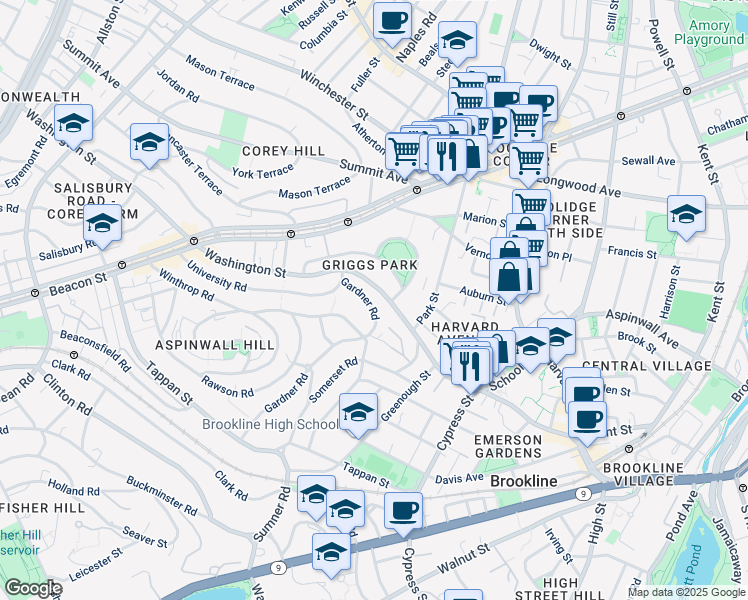 map of restaurants, bars, coffee shops, grocery stores, and more near 490 Washington Street in Brookline