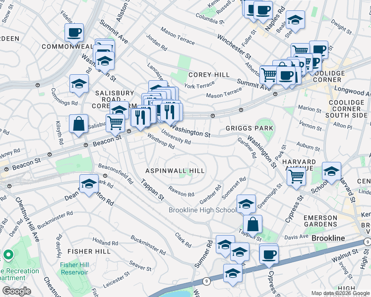 map of restaurants, bars, coffee shops, grocery stores, and more near 119 Winthrop Road in Brookline