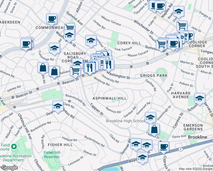 map of restaurants, bars, coffee shops, grocery stores, and more near 148 Winthrop Road in Brookline