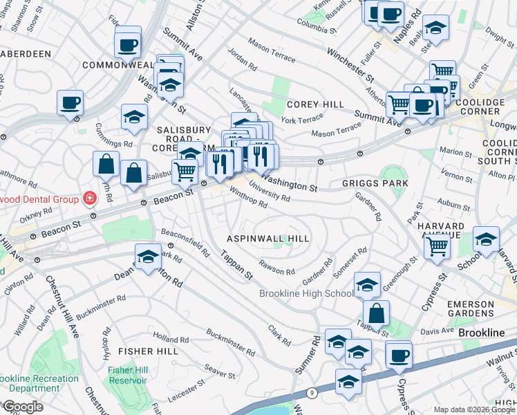 map of restaurants, bars, coffee shops, grocery stores, and more near 148 Winthrop Road in Brookline