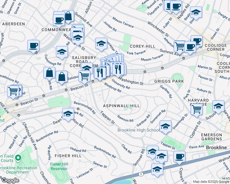 map of restaurants, bars, coffee shops, grocery stores, and more near 10 Claflin Road in Brookline