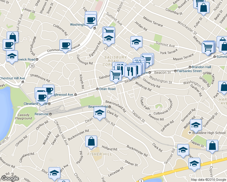 map of restaurants, bars, coffee shops, grocery stores, and more near in Brookline