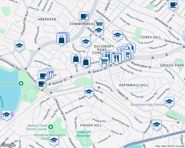map of restaurants, bars, coffee shops, grocery stores, and more near 1763 Beacon Street in Brookline