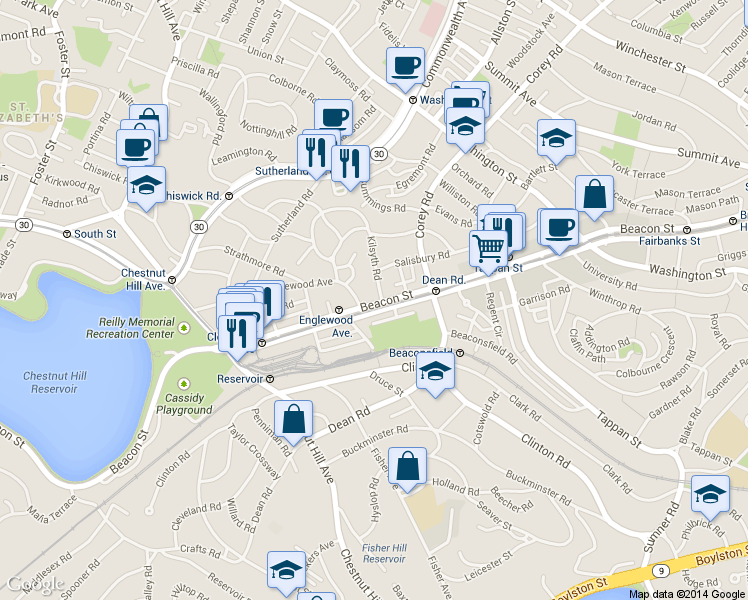 map of restaurants, bars, coffee shops, grocery stores, and more near in Brookline