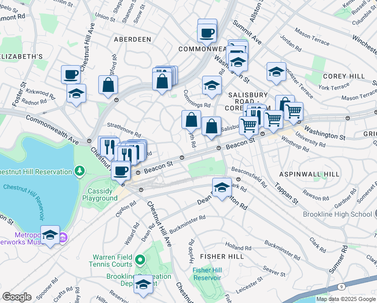 map of restaurants, bars, coffee shops, grocery stores, and more near in Brookline