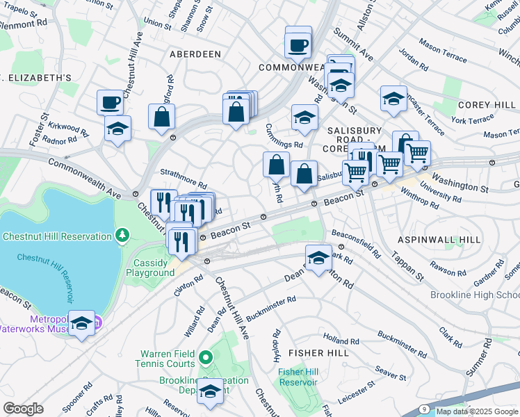 map of restaurants, bars, coffee shops, grocery stores, and more near in Brookline
