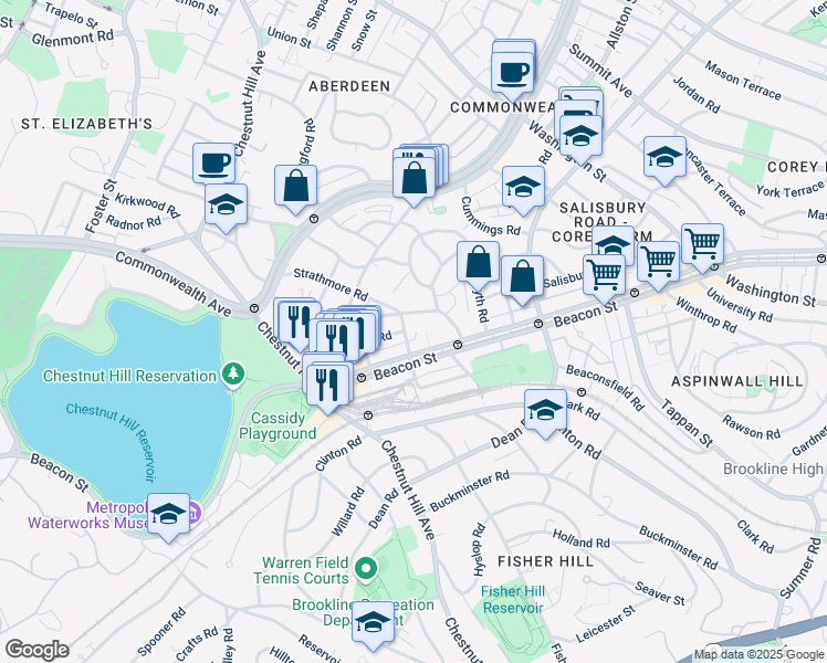 map of restaurants, bars, coffee shops, grocery stores, and more near 1 Reservoir Court in Brookline