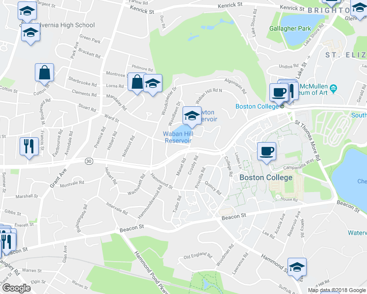 map of restaurants, bars, coffee shops, grocery stores, and more near 219 Commonwealth Avenue in Newton
