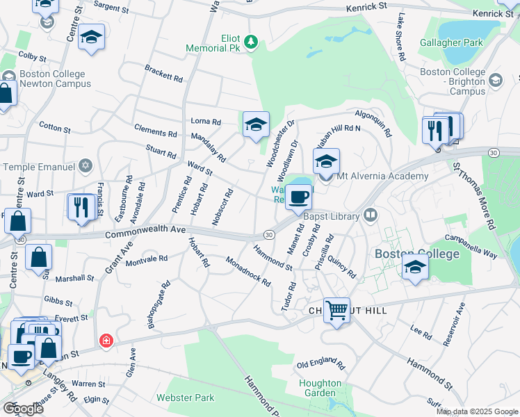 map of restaurants, bars, coffee shops, grocery stores, and more near 18 Hammond Street in Newton