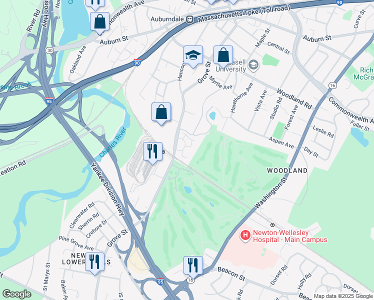 map of restaurants, bars, coffee shops, grocery stores, and more near 282 Grove Street in Newton