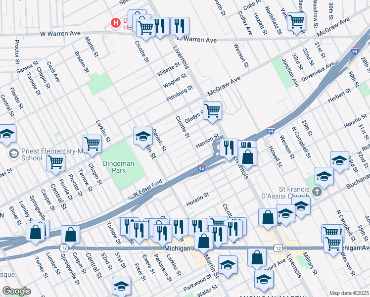 map of restaurants, bars, coffee shops, grocery stores, and more near 6514 Hanson Street in Detroit