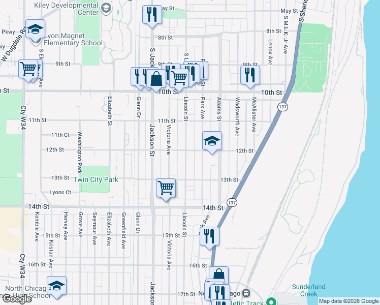 map of restaurants, bars, coffee shops, grocery stores, and more near 821 12th Street in North Chicago