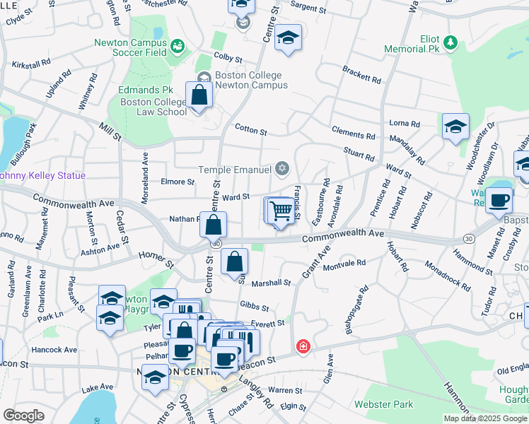 map of restaurants, bars, coffee shops, grocery stores, and more near 20 Wessex Road in Newton