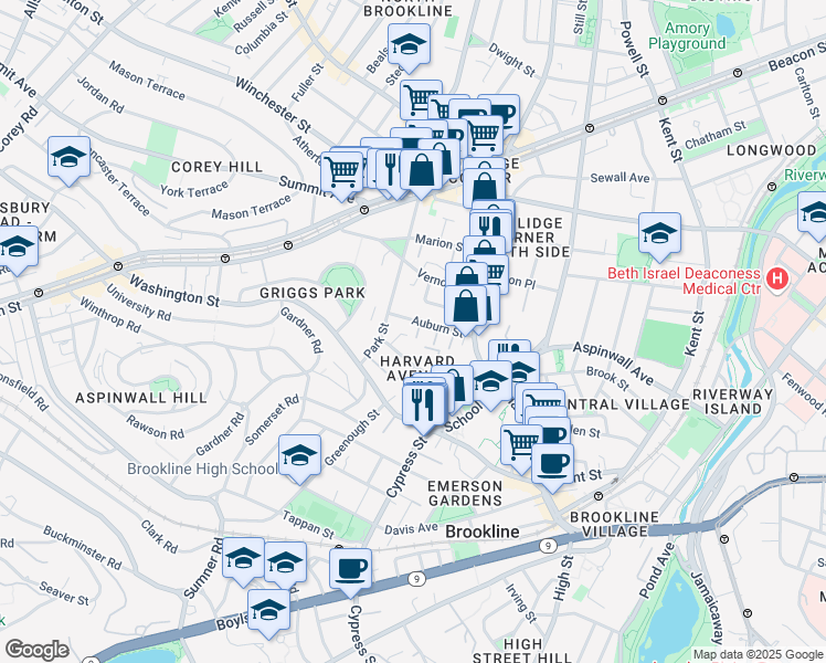 map of restaurants, bars, coffee shops, grocery stores, and more near 9 Auburn Place in Brookline