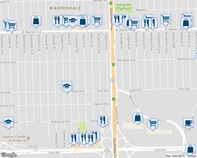 map of restaurants, bars, coffee shops, grocery stores, and more near 6397 Rosemont Avenue in Detroit