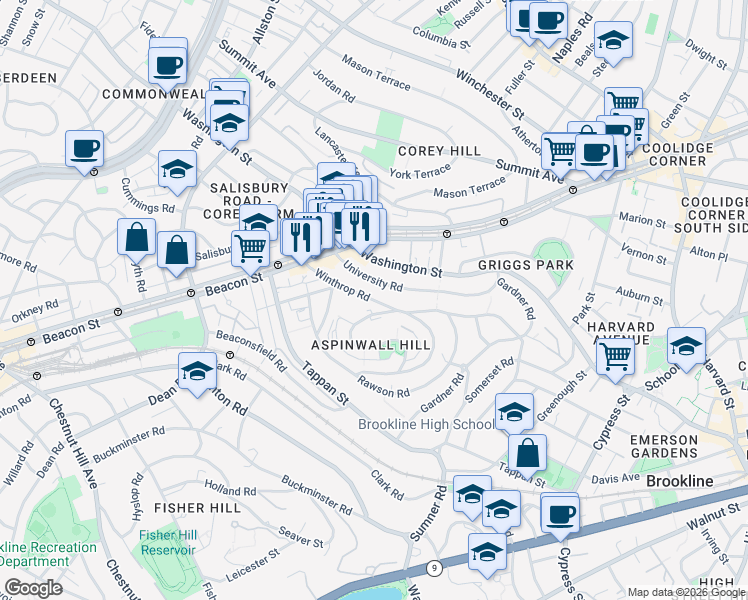 map of restaurants, bars, coffee shops, grocery stores, and more near 143 Winthrop Road in Brookline
