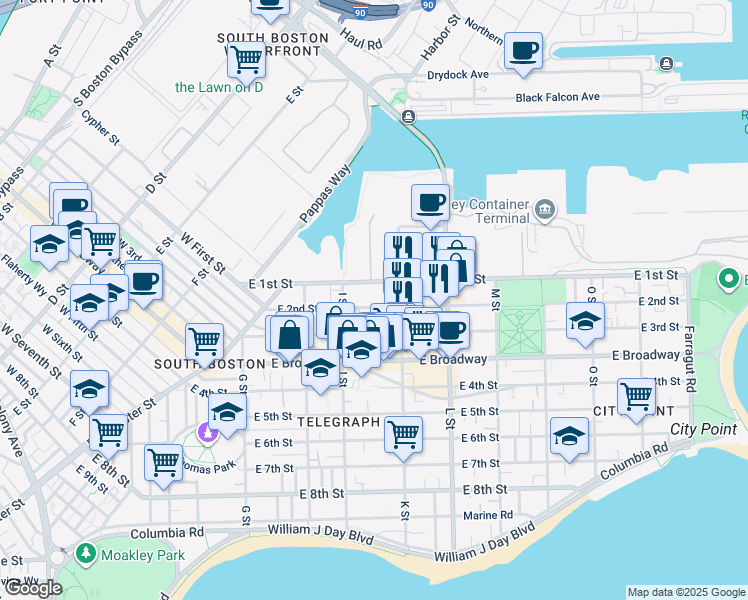 map of restaurants, bars, coffee shops, grocery stores, and more near 618 East 2nd Street in Boston