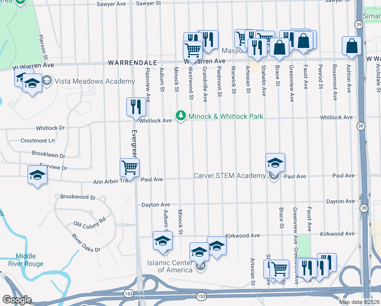map of restaurants, bars, coffee shops, grocery stores, and more near 6409 Westwood Street in Detroit