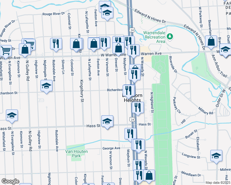 map of restaurants, bars, coffee shops, grocery stores, and more near 6635 Drexel Street in Dearborn Heights